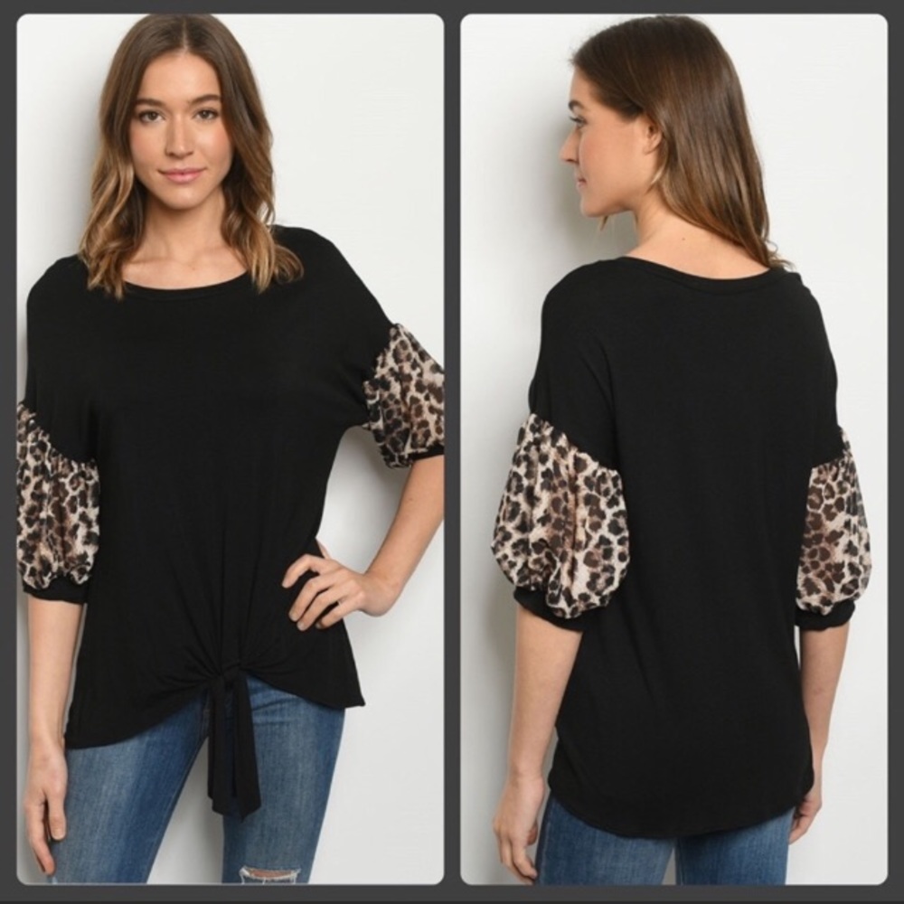 NEW Animal Print Tie Front Top S Small Black Brown - Picture 2 of 5